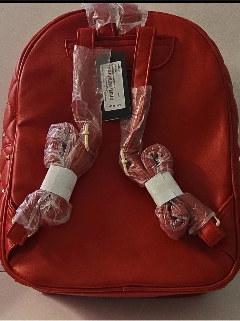Badgley Mischka Red Quilted Studded Backpack with Gold Hardware